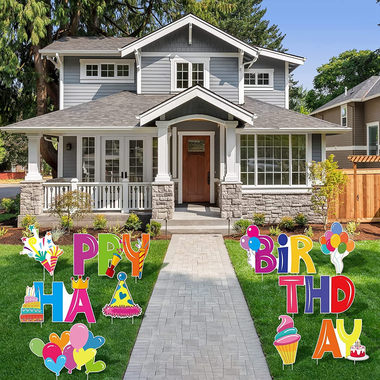 10 Pieces Happy Birthday Lawn Yard Signs with Stakes Colorful Outdoor Birthday Sign Corrugated Plastic Signs with Letters, Party Hat, Hearts, Fireworks, Balloons, Ice cream