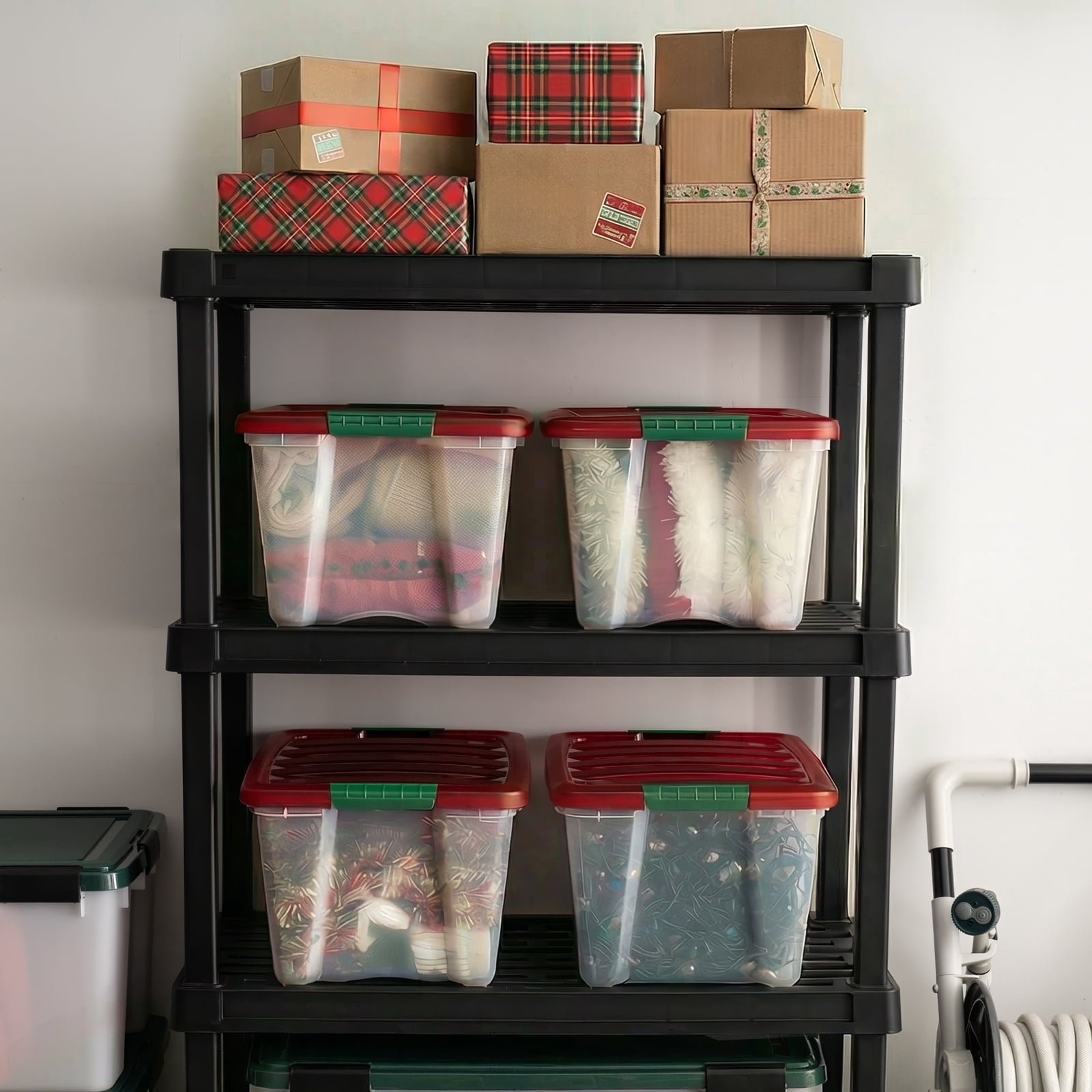 IRIS 32 Qt Stackable Holiday Plastic Storage Bins with Lids and Latching Buckles Clear Red 4 Pack