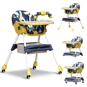 HAOUUCYIN 4-in-1 Baby High Chair, Portable Dining Chairs Eat & Play with Double-Layer Dinner Plate and Toy Rack, for 0-36 Months, Yellow