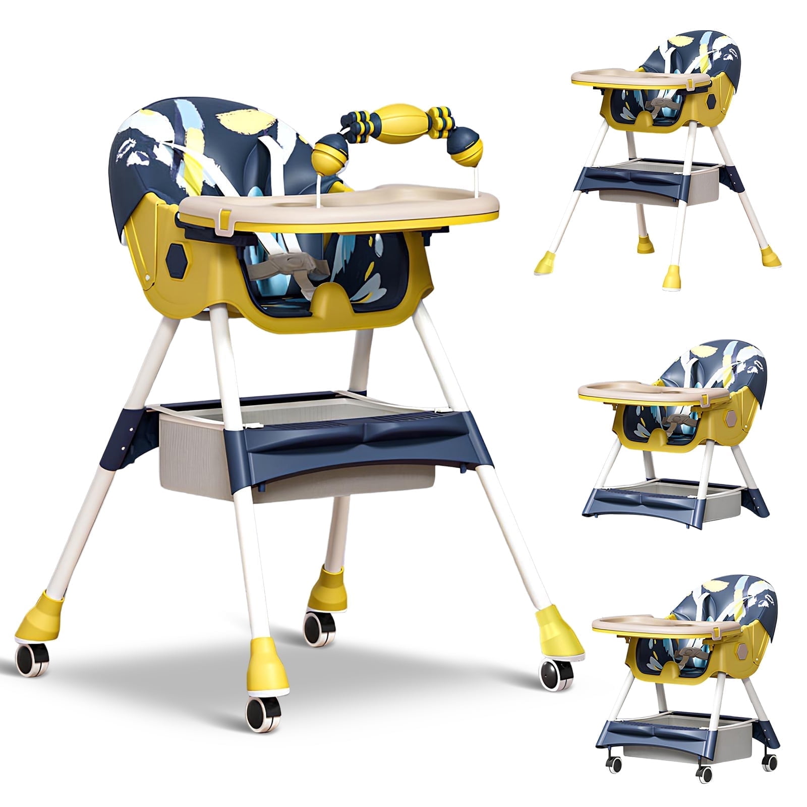HAOUUCYIN 4-in-1 Baby High Chair, Portable Dining Chairs Eat & Play with Double-Layer Dinner Plate and Toy Rack, for 0-36 Months, Yellow
