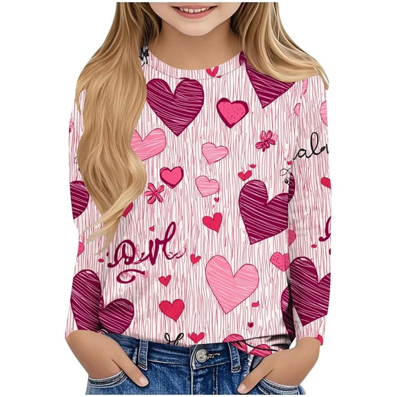 Tdoqot Girls Valentines Day T Shirts- Cute Long Sleeve Heart Print Crewneck Tops Pink Size 4-14 Years