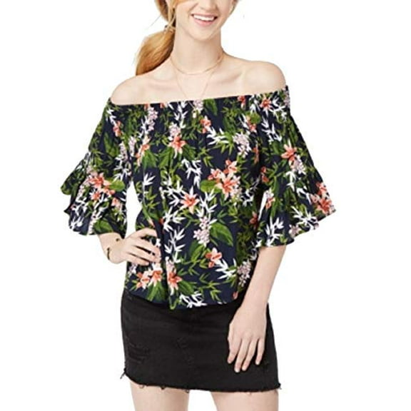 Polly & Esther Juniors' Smocked Printed Off-The-Shoulder Top (Navy Floral, M)