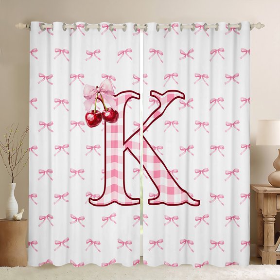 Feelyou Pink Monogrammed K Black Out Curtains, Cartoon Bowknot Cherry Curtains Pack of 2 (42x63 Each), Chic Watercolor Bow-tie Bedroom Curtains, Living Room Curtains Decor