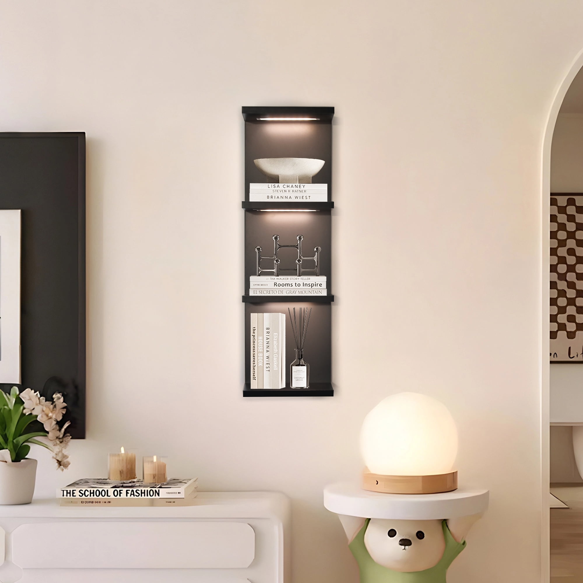 Versatile 4 Tier Wall Shelf Unit,Black Lack Wall Shelf,Display Floating Shelf with LED Remote Control Light