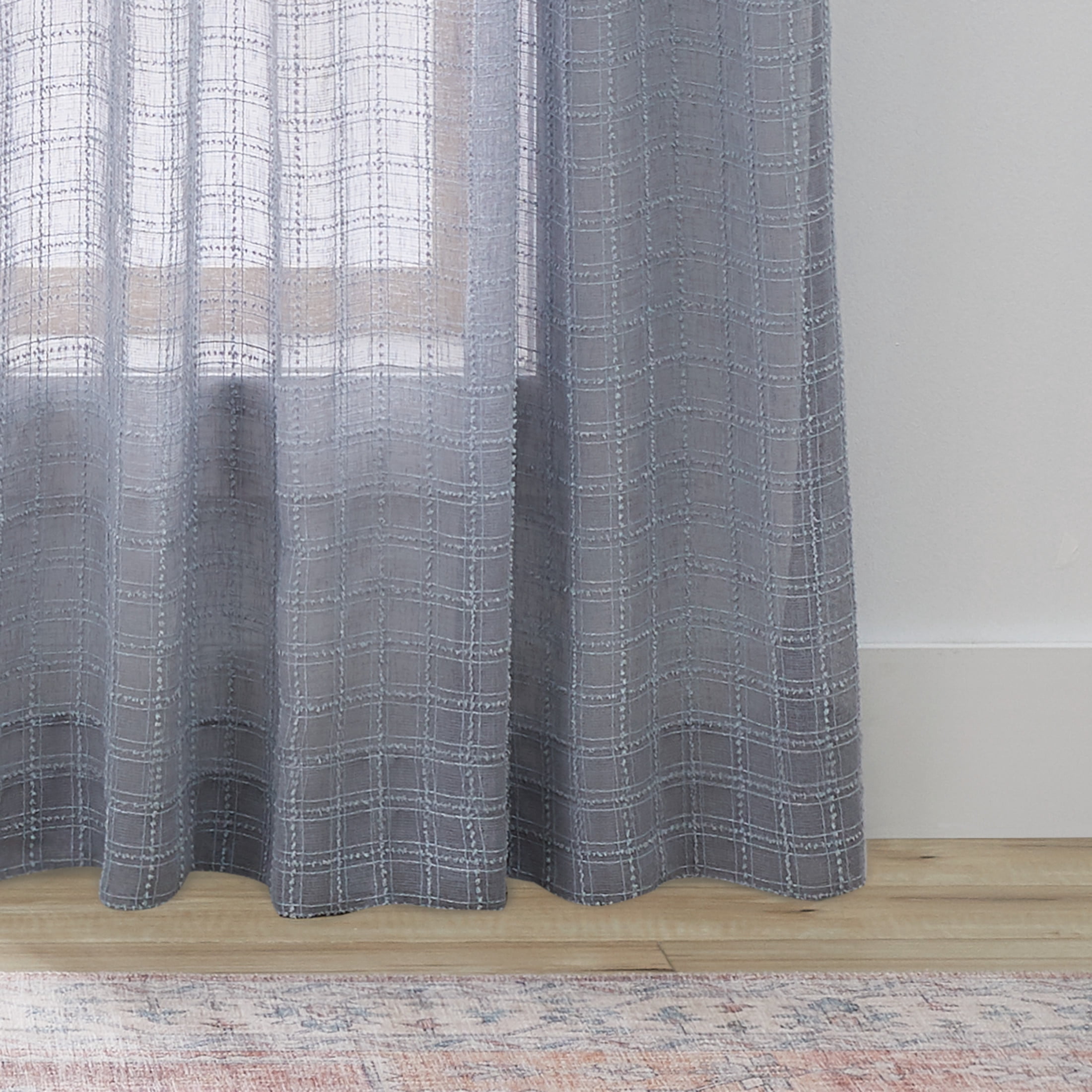 Better Homes & Gardens Sheer Windowpane Stitch Tie Top Single Curtain Panel, Soft Silver, 50" W x 84" L