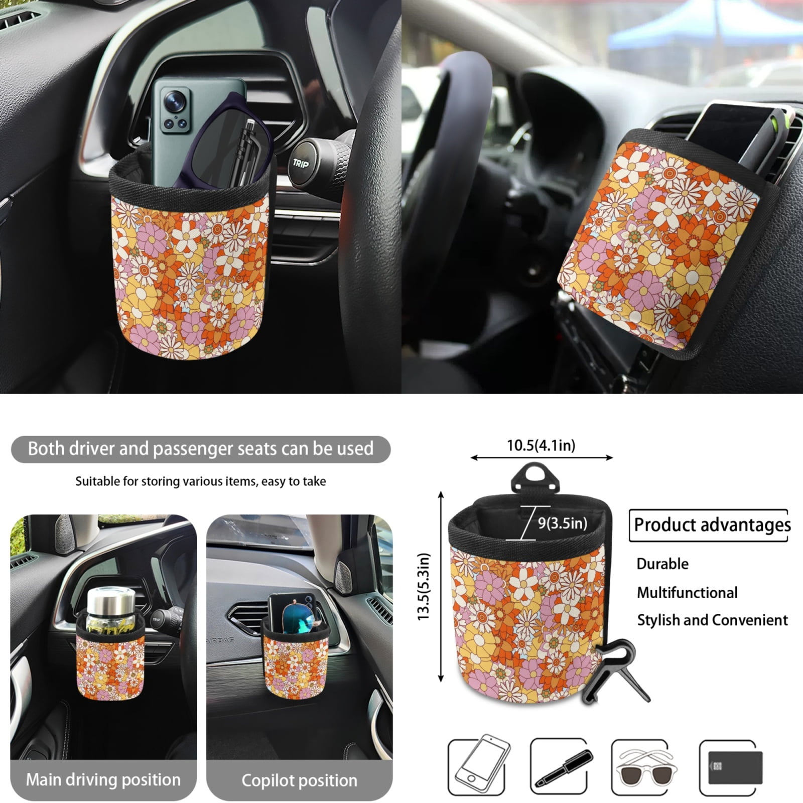 FORUDESIGNS Hippie Daisy Print 10 Pack Car Accessories Sets Scratch-Resistan Front Rear Seat Covers Car Trash Can Air Vent Pouch Steering Wheel Cover Cup Coasters Keychain for Vehicle SUV Truck