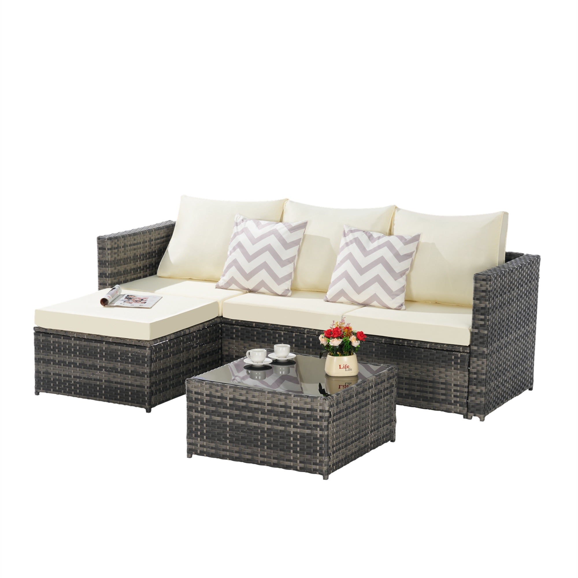 Aukfa Outdoor Patio Furniture Set - L shape Wicker Sectional Sofa with Coffee Table - Beige Cushions