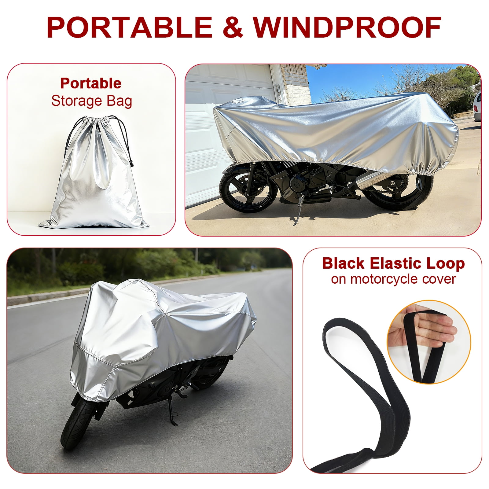 Dream Apparel Motorcycle Half Cover, Waterproof Motorcycle Cover for Outdoor, Rain Snow Dust Protection Universal Fit Heavy Duty Motorbike Vehicle Cover with Storage Bag, Silver L