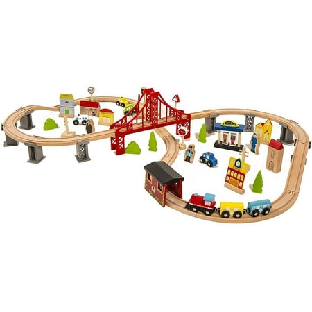 Zimtown 70 Pieces Hand Crafted Wooden Train Set Crossing Railway Track Kids Toy Play Set - Learning