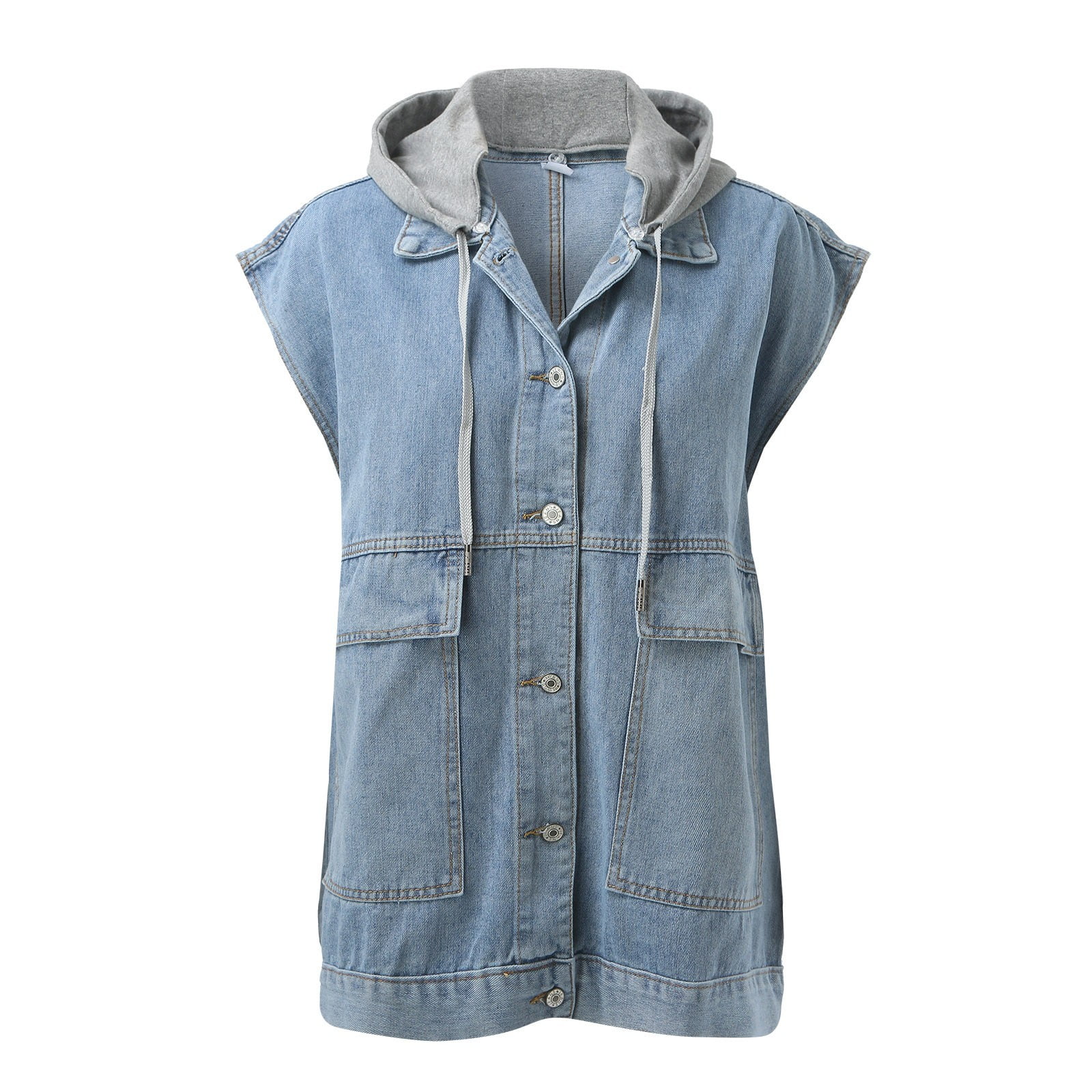 Women Lapel Loose Blouse Fashion Loose Denim Waist Coat Sleeveless Vest Button Hooded Detachable Coat Running Vest Half Jackets for Women Holiday Vests for Women down Vests Women plus Size Winter