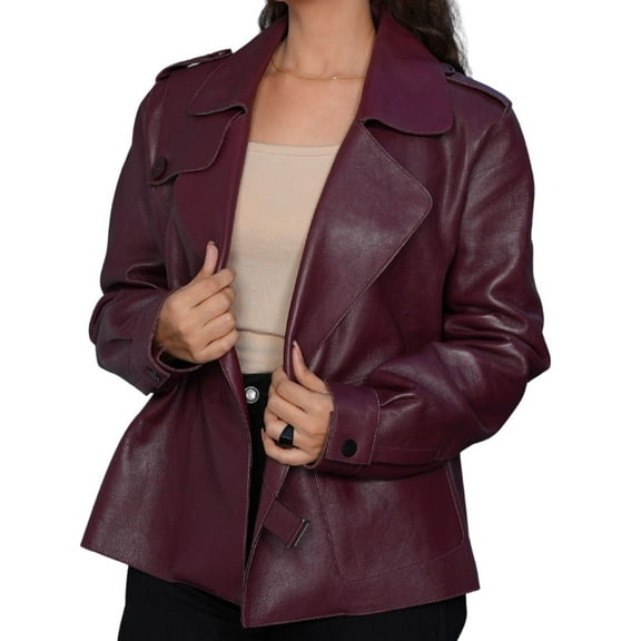 Real Lambskin Burgundy Baggy Cropped Formal Leather Moto Jacket Women