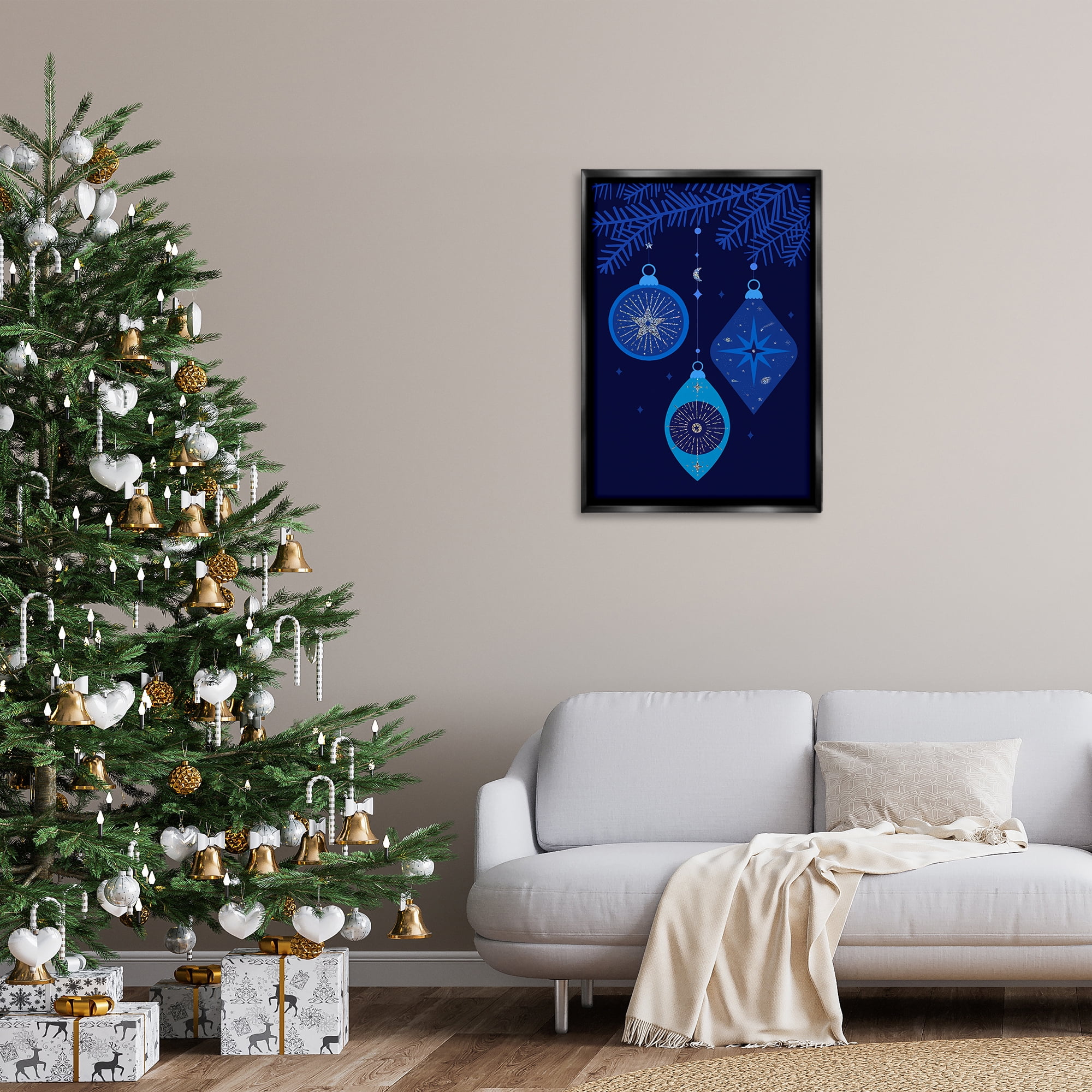 Stupell Industries Blue Hanging Ornaments Holiday Painting Black Floater Framed Art Print Wall Art, 21 x 31