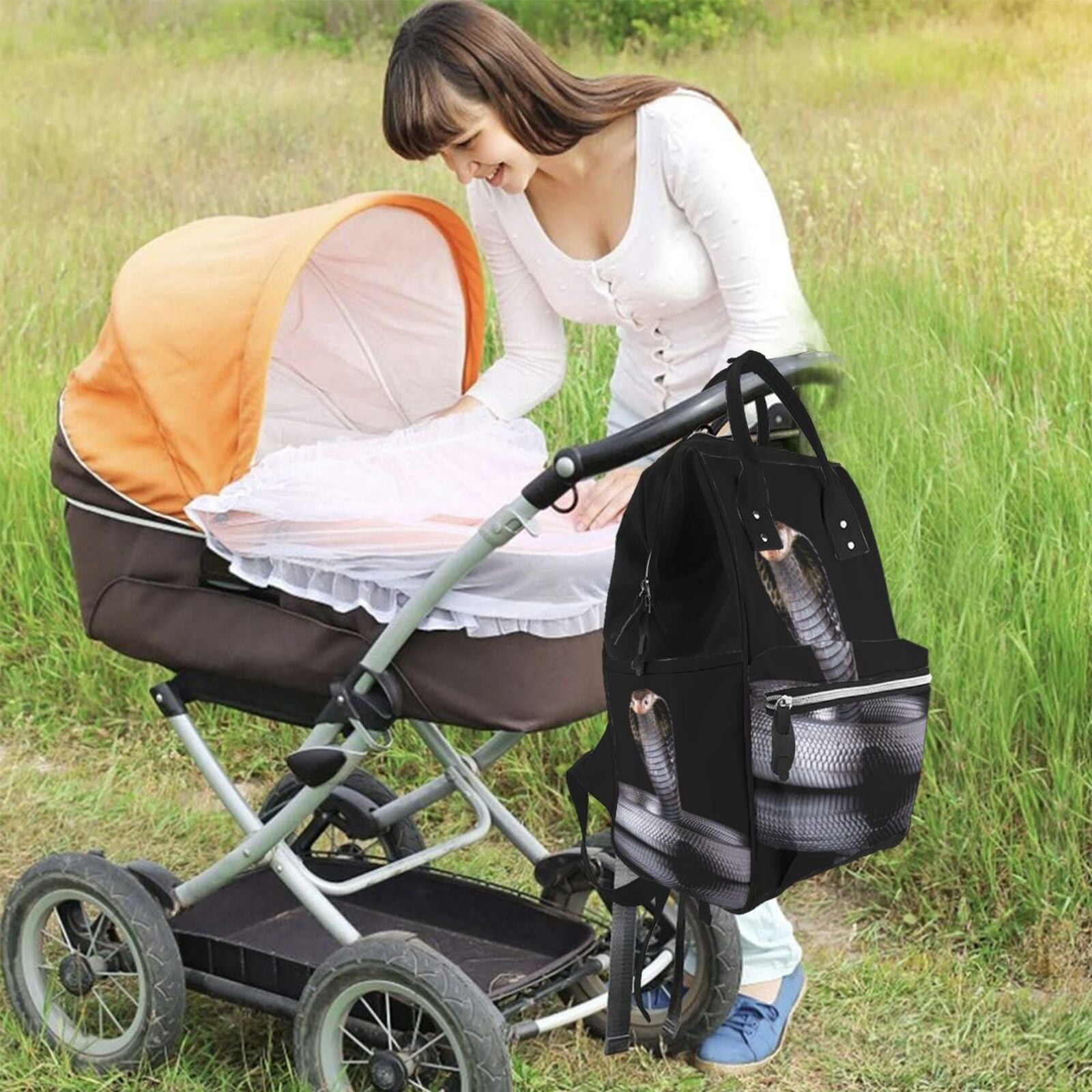 Ratiio Black Cobra Snake Mummy Backpack - Waterproof Twill Canvas, Large Capacity Diaper Bag with Multiple Pockets and Adjustable Straps