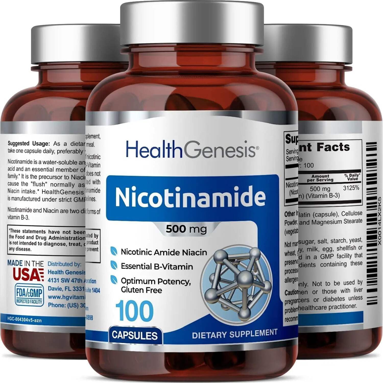 Health Genesis B-3 Nicotinamide 500 mg 100 Caps - Flush-Free Niacin Formula for Skin & NAD+ Support