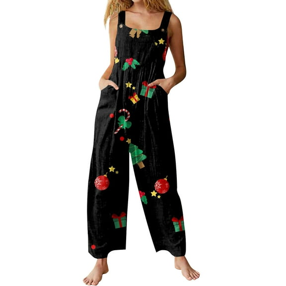 Women's Retro Christmas Print Sleeveless Button Jumpsuit - Fashion Casual One-Piece, Black Size L