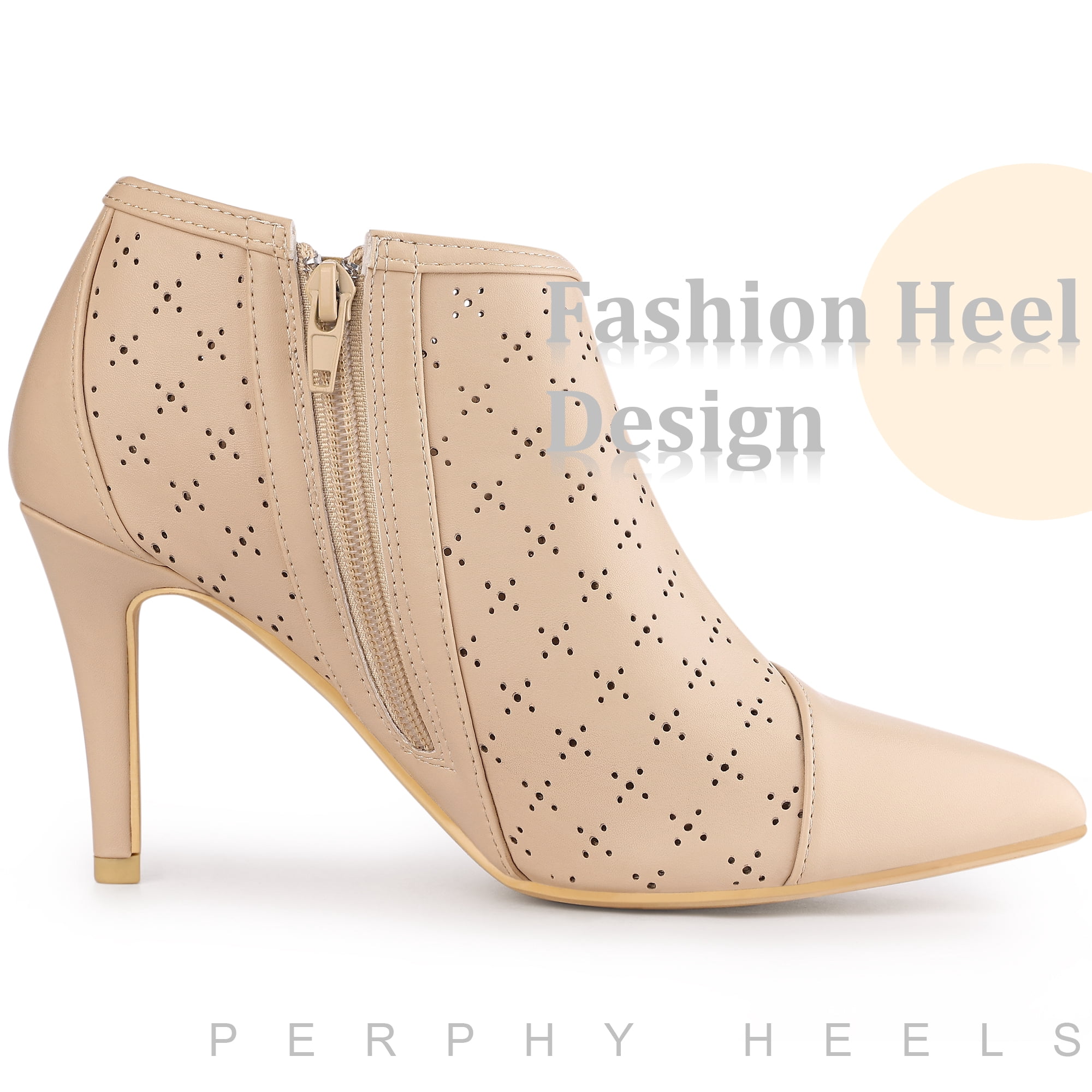 DARING DIVA Women's Perforated Pointy Toe Zipper Stiletto Heeled Ankle Boots Nude 6.5