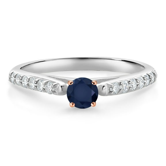 Gem Stone King 10K White and Rose Gold Blue Sapphire and White Lab Grown Diamond Engagement Ring for Women (0.40 Cttw, Gemstone September Birthstone, Round 3.5MM, Size 6)