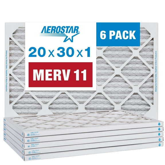 Aerostar 20x30x1 MERV 11 Pleated Air Filter, AC Furnace HVAC, 6 Pack