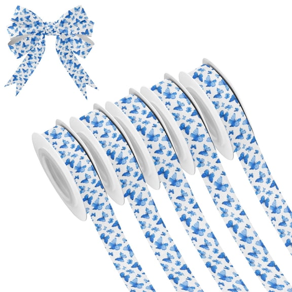5 Rolls Christmas Ribbon 1.5 inch Wide Decorative Ribbon for Gift Wrapping and Holiday Decorations Blue Butterfly Pattern