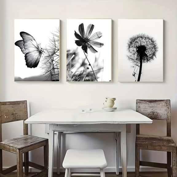 Set of 3 Black and White Flower and Butterfly Canvas Posters - Frameless Art Prints for Living Room, Office, Cafe, Bar, Home & Dorm Decor, Creative Gift Idea
