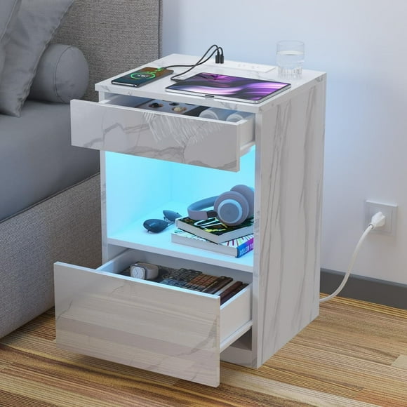Open Shelf LED Nightstand with Charging Station 2 Drawers Bedside Table White Marble Night Stand with Storage Smart Nightstands High Gloss Night Table with Led Light for Bedroom Furniture