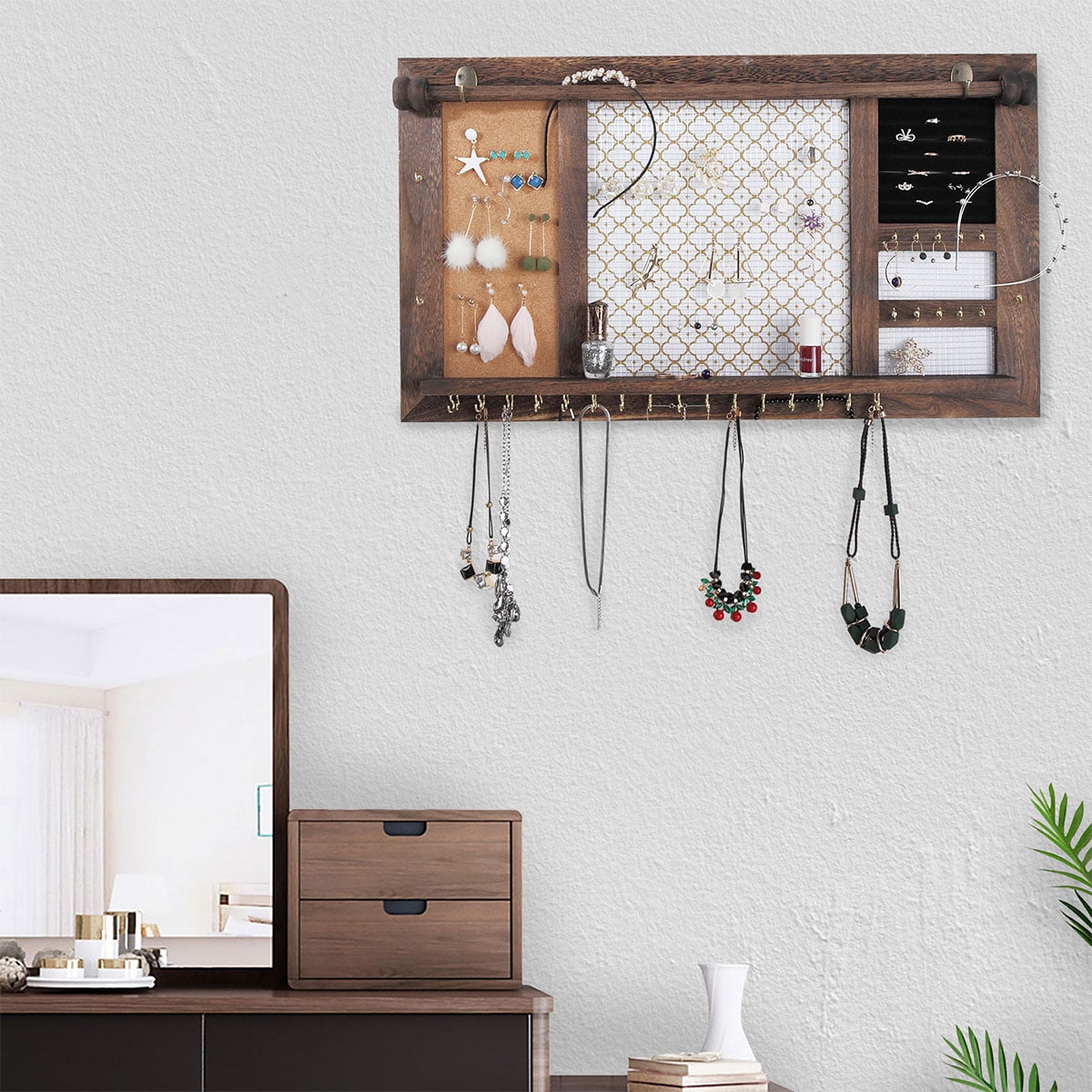 Kepooman Vintage Wall Mount Jewelry Rack, Rustic Jewelry Organizer Shelf with 16 Hooks for Earring Necklace Kepooman Vintage Wall Mount Jewelry Rack, Rustic Jewelry Organizer Shelf with 16 Hooks for Earring Necklace