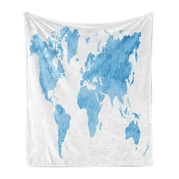 Map Soft Flannel Fleece Throw Blanket, Blue Watercolor Style World Map Pastel Colored Display of Continents, Cozy Plush for Indoor and Outdoor Use, 50" x 60", Pale Blue White, by Ambesonne