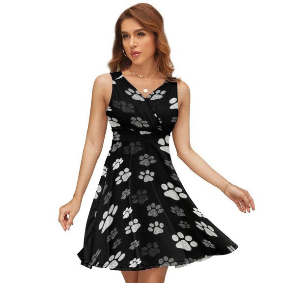 White Dog Paw Retro Style Women's Tank Dress V Neck Sleeveless Summer Sundress