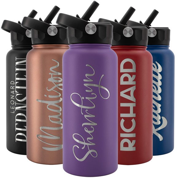 Articles Incroyables Bouteille d'Eau Personnalisée avec Paille et Couvercle, 32 oz - Violet / Bouteille d'Eau de Sport en Acier Inoxydable Personnalisée avec Nom et Texte - Double Paroi, Isolée sous Vide - Poignée Rotative