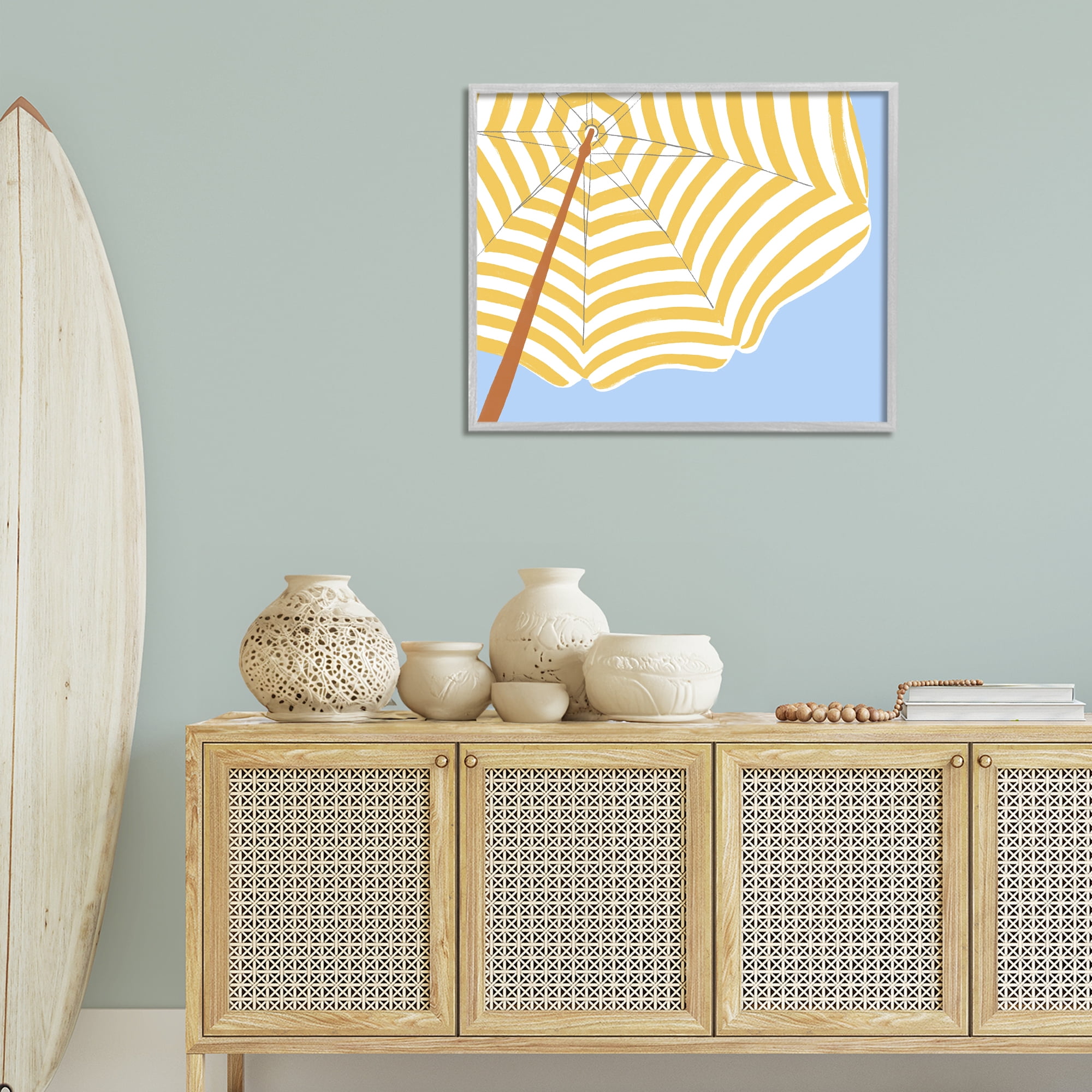 Stupell Industries Yellow & White Umbrella Coastal Painting Gray Framed Art Print Wall Art, 30 x 24
