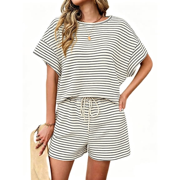 Womens 2 Piece Sets Summer Lounge Sets Striped Short Sleeve Oversized T Shirts Drawstring Shorts Matching Set