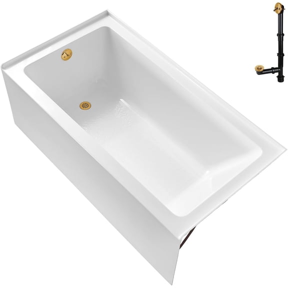 Streamline GA-300-2-BGL 60 in. x 30 in. Acrylic Left-Hand Drain Alcove Bathtub in Glossy White With External Drain in Brushed Gold