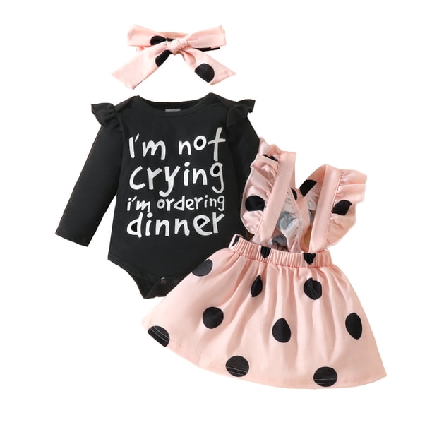 Gibobby Conjunto de ropa para bebé y niño Conjunto de ropa de 3 piezas para Niñass pequeñas, primavera, invierno, manga larga, con letras, falda, diademas(Negro, 0-3 Meses)