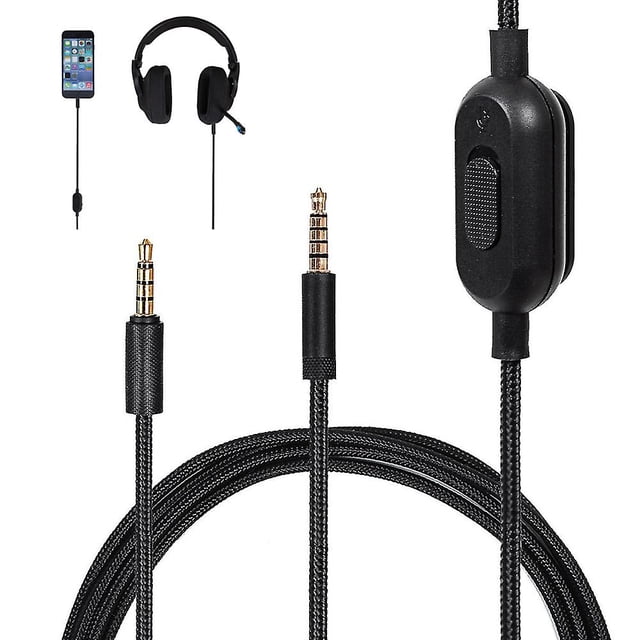 cable de audio de repuesto para logitech gpro x g233 g433 - cable adaptador 3.5mm macho a 3.5mm macho de 200 cm, vista centrada del cable negro trenzado con dos conectores 3.5mm y módulo en línea con control rotatorio y mute; compatible con controladores PS4/Xbox One, PC, laptop, iPhone y Android; también suele usarse para llamadas, streaming y podcasting móvil.