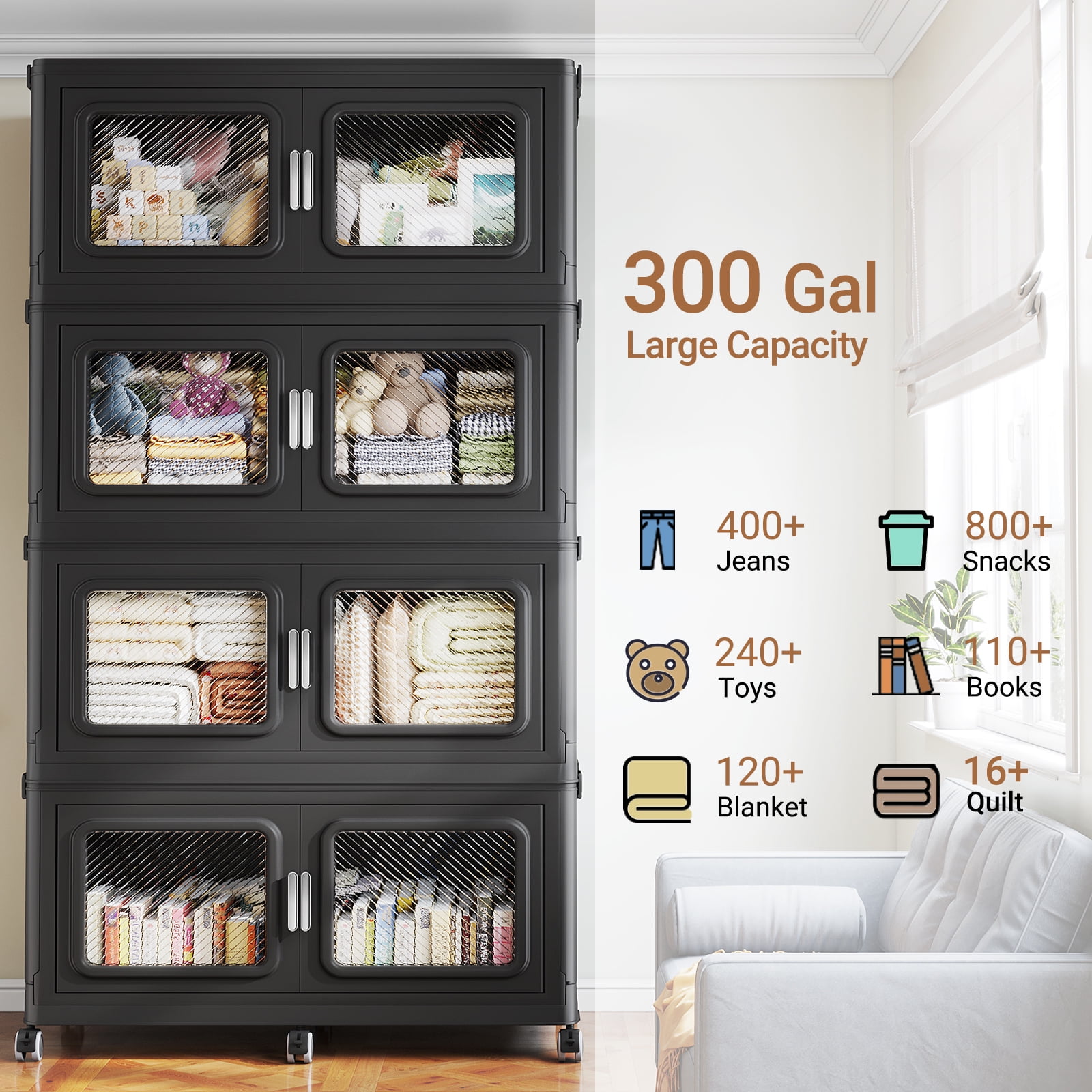 1200Qt Extra Large Stackable Storage Bins with Lid, 300Gal Collapsible Closet Organizer and Storage Drawers with Wheels, Plastic Storage Box, 4Packs, Black