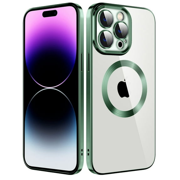 Feishell Magnetic Clear Case with Camera Lens Film Protection for iPhone 12 Pro Max 6.7 Inch,Compatible with MagSafe Wireless Charging,Stylish Plating Shockproof Transparent Slim Phone Case,Darkgreen