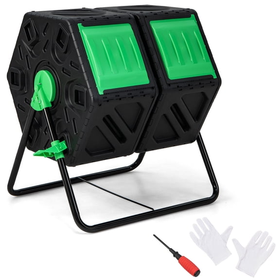 Biotree Dual Chamber Garden Compost Tumbler with Sliding Doors-Black & Green Outdoor Organic Yard Waste