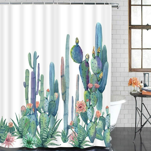 cortina de ducha repelente al agua cortina de ducha de tela de poliéster impresa a prueba de moho con 12 ganchos inoxidables 180 cm x 180 cm bri rojo verde Vista frontal centrada de cortina blanca de poliéster con impresión de cactus y suculentas en tonos verde, azul y rosa; tejido con pliegues verticales, ojales superiores con 12 ganchos inoxidables visibles y borde inferior recto; ambientada frente a azulejos blancos y bañera, adecuada para separar espacios de baño y a menudo usada para ocultar la bañera en baños pequeños.