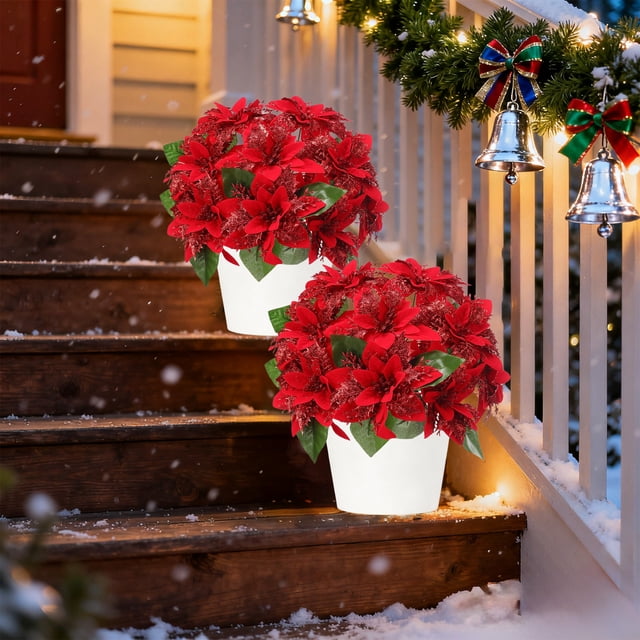 Herunwer Poinsettia Flowers Artificial, Poinsettia Christmas Decoration, Long Stem Velvet Poinsettia Bouquet for Christmas Tree Porch Home Garden Decoration