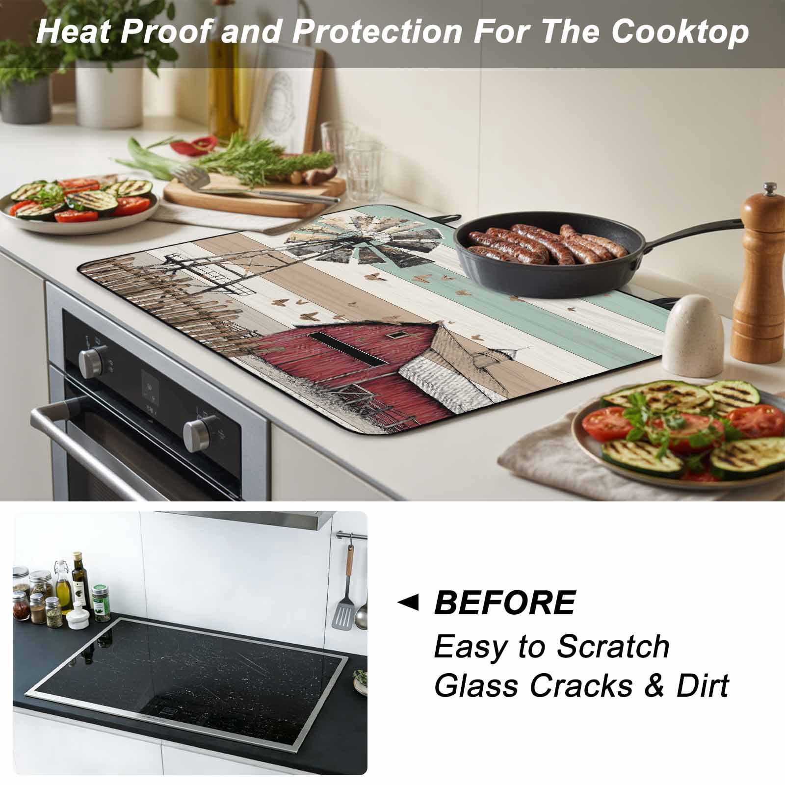 Windmill Farmhouse Stove Top Cover for Electric Stove, Heat-proof & Non Slip Glass Top Stove Cover Protector, Vintage Teal Brown Wooden Butterfly Kitchen Flat Cooktop Rubber Mat 24x21 Inches