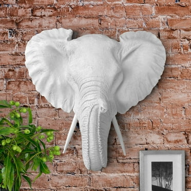 WALL CHARMERS Mini White Faux Elephant Head Wall Hanging - 10" Faux Taxidermy Animal Head Wall Decor - Handmade Farmhouse Decor