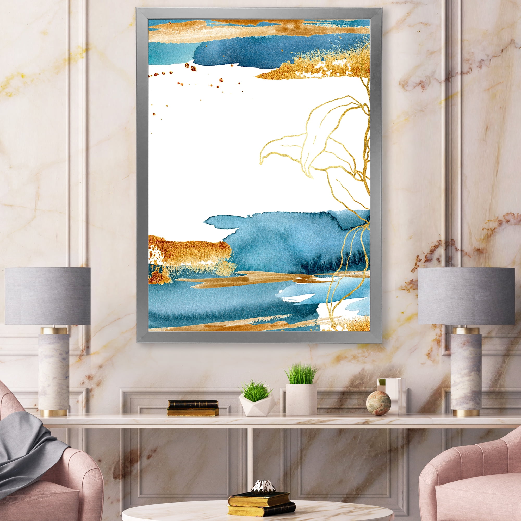 Designart 'Abstract Golden Laminaria Branch & Leaves' Traditional Framed Art Print