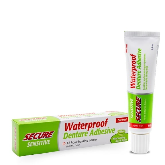 Secure Sensitive Denture Adhesive Cream with Aloe Vera & Myrrh, 12H Max Hold, Waterproof Seal - Zinc Free - For Uppers, Lowers & Partials - FSA HSA Approved - Food Grade Ingredients - 1.4 oz (1 Pack)