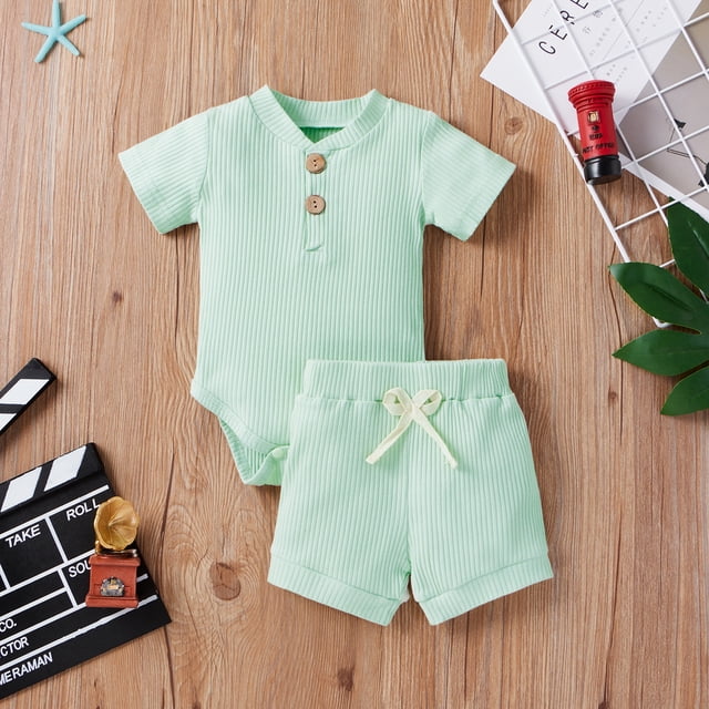Boiiwant 2Pcs Unisex Baby Summer Outfits, Ribbed Romper + Elastic Waist Shorts