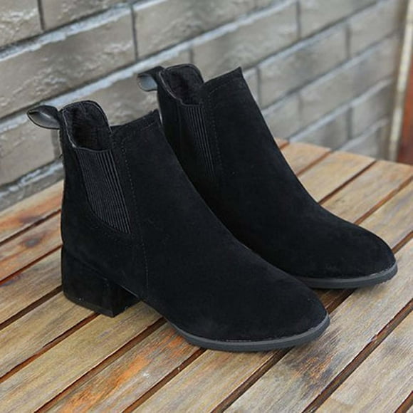 EGNMCR Ankle Boots for Women Women's Fall Winter Solid Color Flock Boots Chunky Heel Middle Short Boots Round-Toe Boots
