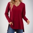 thumbnail image 2 of hotojiny Long Sleeve Tops for Women Fall Casual V Neck Basic T Shirts Side Slit Trendy Loose Tunics Tops, 2 of 6