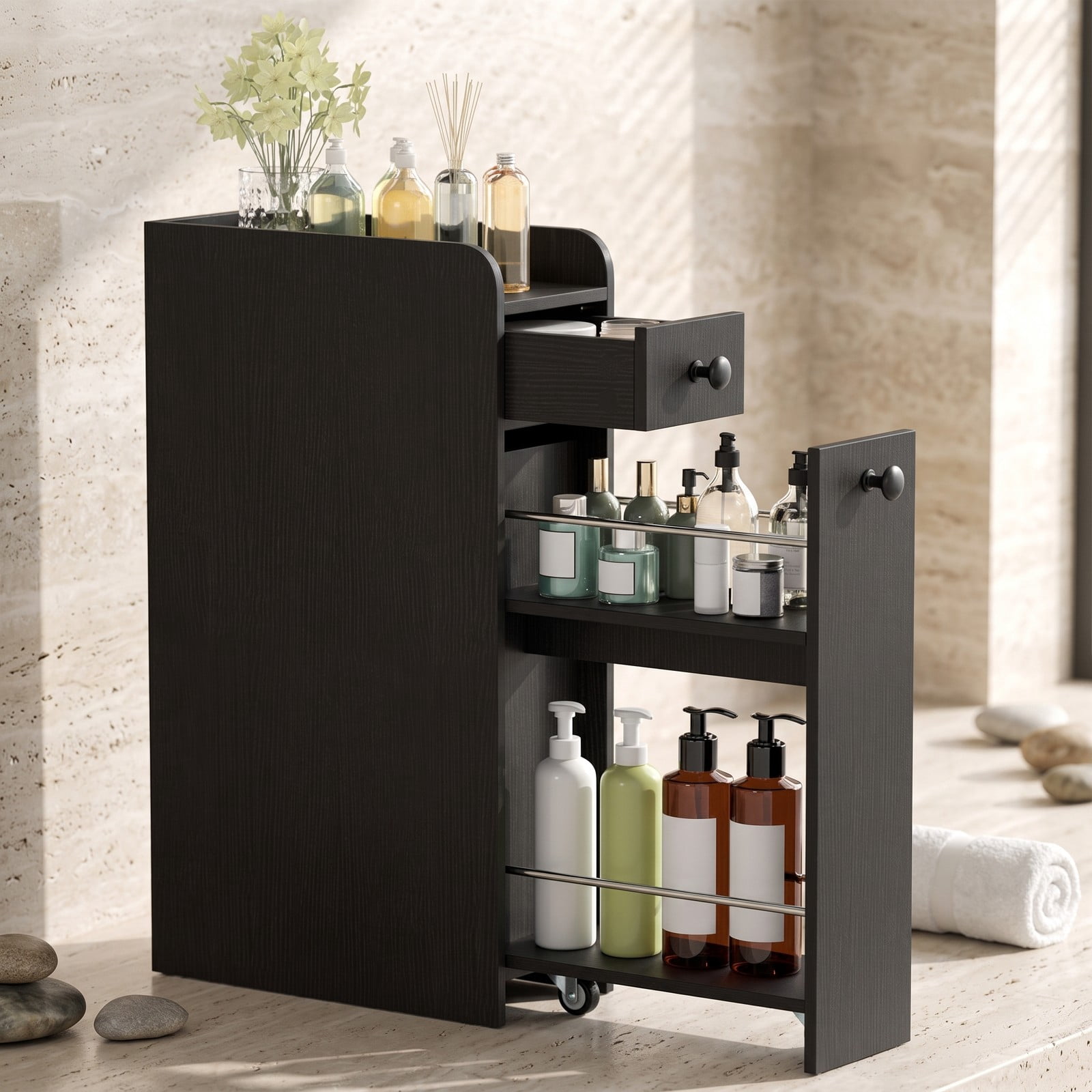 Fenbeli Small Bathroom Storage Cabinet, 4-Tier Slim Narrow Organizer Tower with 3 Slide-Out Drawers on Casters, Freestanding Rolling Storage for Bathroom, Black