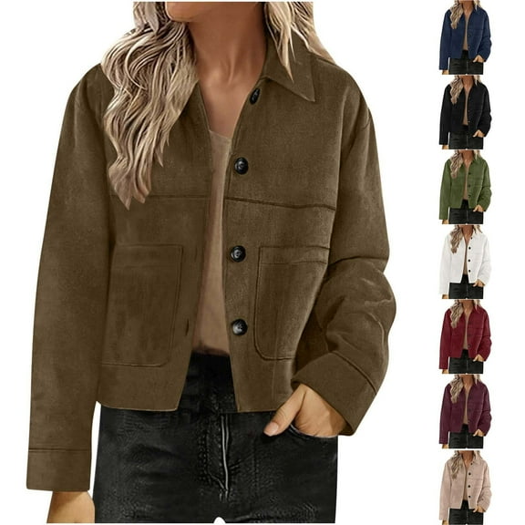 Womens Faux Suede Leather Jackets Casual Loose Cropped Coats Long Sleeve Vintage Button Down Shackets with Pockets Fall Winter Outerwear