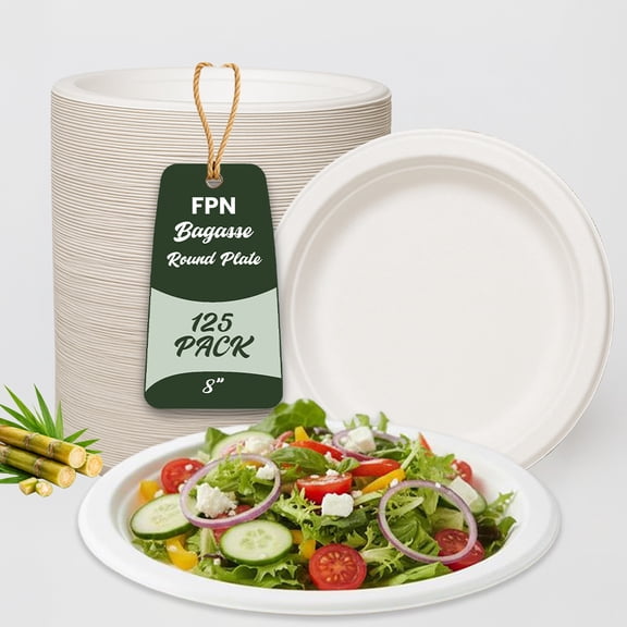 FPN Round Plates Disposable 125, 8 in - 100% Compostable – Sturdy, Microwave & Freezer Safe, Natural Tableware for Parties, Weddings, Events