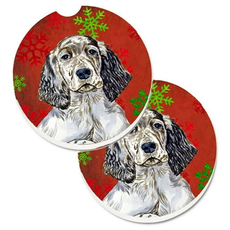 

English Setter Red & Green Snowflakes Holiday Christmas Set of 2 Cup Holder Car Coaster